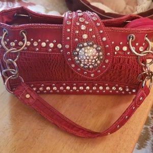 Red Handbag w/metal grommets and crystal accents